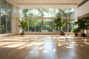 Design of a spacious, bright gymnasium with panoramic windows and plants generated AI
