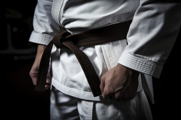 close-up of a jiu-jitsu black belt tied around a white gi