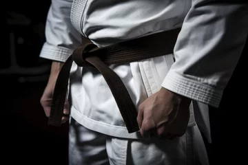Rucksack close-up of a jiu-jitsu black belt tied around a white gi © Sergey