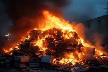wide shot of a burning pile of electronic waste - obrazy, fototapety, plakaty