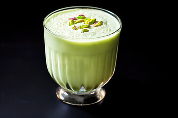 A glass filled with pistachio milk with nutty pistachio decoration on a black background with copy space. Healthy lifestyle trends, plant-based foods, alternative nutrition.