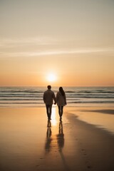 Rear view of a young couple in love holding hands walking along the sandy beach at sunset. Love, Valentine's day, youth, lifestyle, travel concepts.