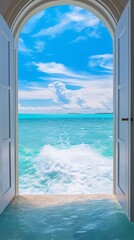 a open door to a body of water