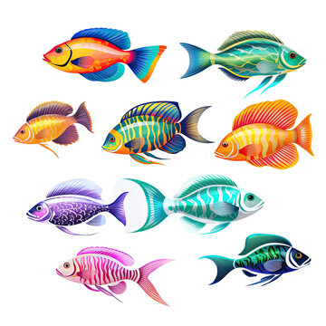 set of colorful fishes on transparent background