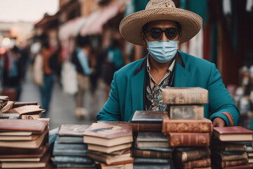 Street book seller A masked Mexican man sells books at a street market. AI generated