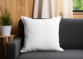 Fototapeta na wymiar Blank empty white pillow mockup on a cozy couch modern room with sun light.