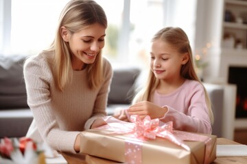Obraz na płótnie Canvas girl wrapping a present for her mothers birthday