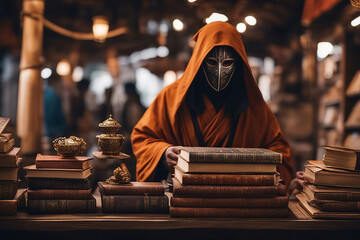 Street book seller A masked Buddhist monk sells books at a street market. AI generated - obrazy, fototapety, plakaty