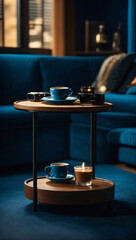 Fototapeta na wymiar beautiful blue deep blue background with small coffee table and coffee on it Ai generative