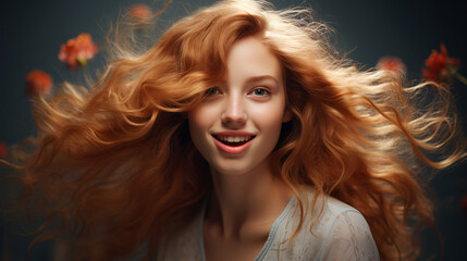 Ginger-haired woman with scarf, joyous smile
