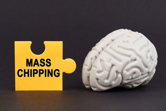 On a black surface there is a brain and a yellow puzzle with the inscription - mass chipping