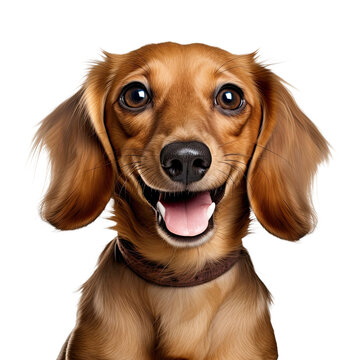  Cute playful doggy or pet is playing and looking happy isolated on transparent background. dachshund young dog is posing. Cute, happy crazy dog headshot smiling on transparent