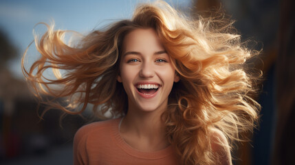 Fototapeta premium Joyful blonde with flying hair, blue background