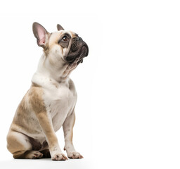 Portrait of french bulldog looking up on white background with copy space