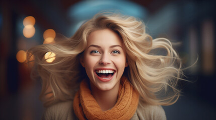 Joyful blonde with flying hair, blue background