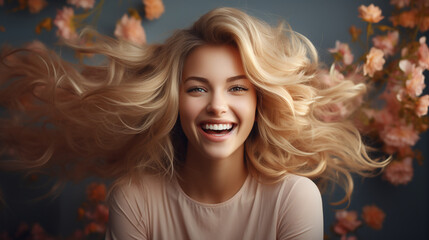 Joyful blonde with flying hair, blue background - obrazy, fototapety, plakaty