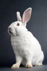 Obraz premium Portrait of cute white fluffy rabbit on gray background