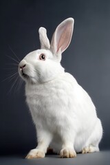 Portrait of cute white fluffy rabbit on gray background