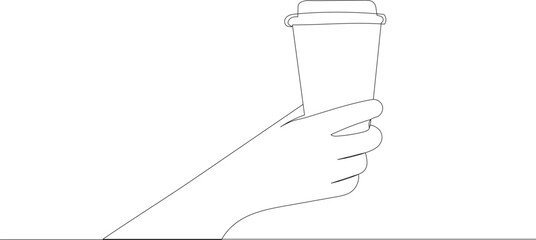 Fototapeta na wymiar hand holding a cup of coffee, line drawing, on a white background, vector