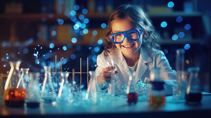 A little boy who dreams of being a scientist is doing a science experiment. - obrazy, fototapety, plakaty