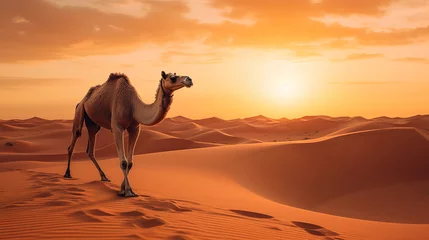 Gordijnen Lone camel stands of searing heat sandy desert watches at setting sun, camel symbolizes struggle against thirst, sweltering temperatures and unforgiving desert climate, endurance camel in desert © TRAVELARIUM