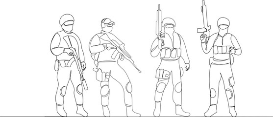 soldiers with weapons, line drawing, on a white background, vector