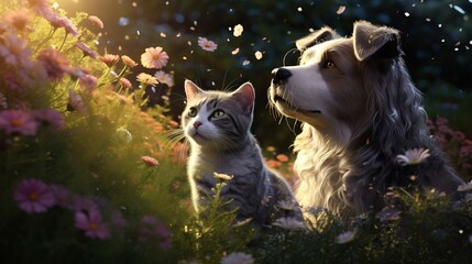 Endearing cat and cute dog in green garden among thick grass and flowers, basking in warmth and...