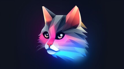 Vibrant multicolored polygonal cat face on gradient background, captivating geometric cat logo, minimalistic cat icon is blend of art and simplicity, cute cat logo combines geometry and feline charm