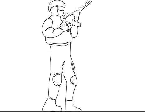 soldier with weapons, line drawing, on a white background, vector