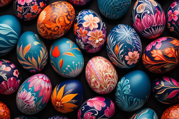 Fototapeta na wymiar A collection of painted eggs. Easter theme. Intricately painted eggs. Macro photo.