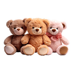 Cutout set of 3 stuffed animal toys isolated on transparent background