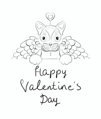 Coloring page with a cute cat for Valentine's Day, a cat with wings lineart.