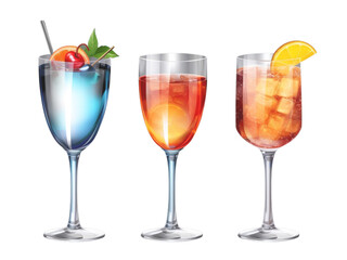 Colorful holiday drinks, cocktails isolated on transparent background. Generative AI.