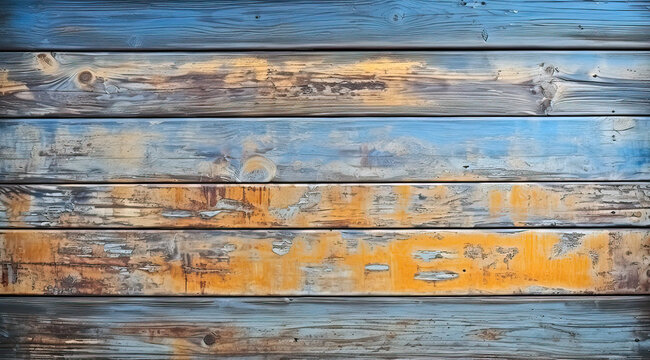 Blue and yellow wood wall background texture. Wood planks wall background. Blue floor surface with old wooden natural pattern