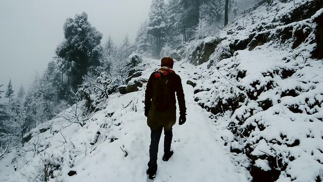 A man in black coat surrounding with awning snow , Himachal Pradesh
