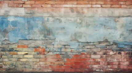Pattern background of old brick wall with falling off blue plaster