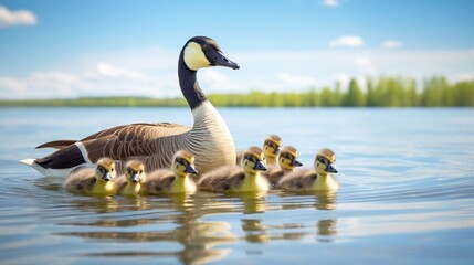 A Canada goose (branta canadensis) mother swims with her ten baby goslings in a lake - Powered by Adobe