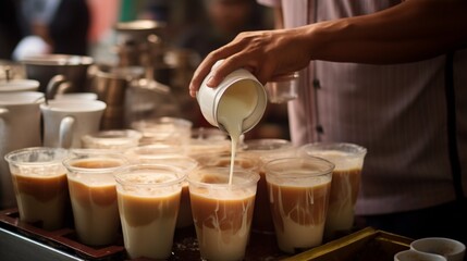 A close up picture of men preparing "teh tarik". Sweet milk tea been pull for mix well and create foam that is famous in Malaysia and South Asia region.