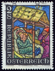 Gothic window with the birth of Christ, St. Erhard Church, Christmas 1973 serie, circa 1973