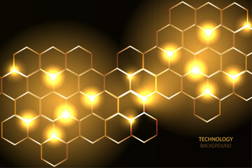 Shiny honeycomb background, Black and shiny gold hexagon technology background