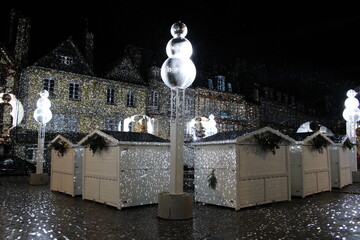 Quimper, Bretagne, France; December 06 2023: Christmas ambiance and light decoration before Noël 2023 in Quimper.