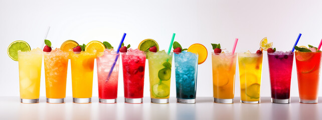 Many multi-colored refreshing cocktails on white isolated. Variety of soft drinks. AI generated. - obrazy, fototapety, plakaty