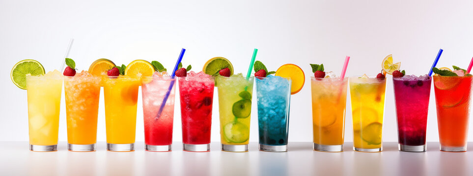 Many multi-colored refreshing cocktails on white isolated. Variety of soft drinks. AI generated.