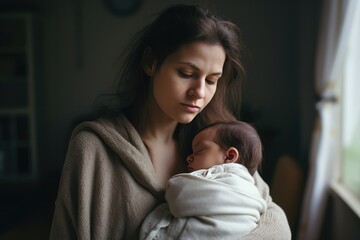 Mother With Postpartum Depression Holds Her Baby. Сoncept Postpartum Depression Support, Emotional Healing Journey, Bonding With Baby, Overcoming Challenges, Maternal Mental Health Awareness