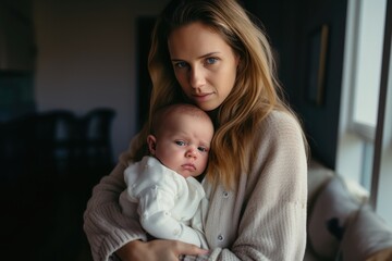 Mother Battles Postpartum Depression While Holding Baby - obrazy, fototapety, plakaty