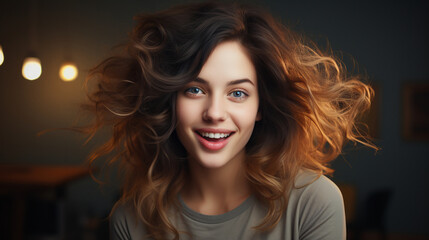 Fototapeta premium Radiant brunette woman in soft indoor light