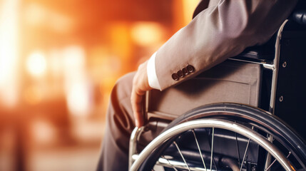 Obraz premium Close-up of a young disabled man in a wheelchair. Seated man. Recovery and healthcare concept.
