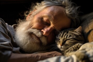 Old Man And Cat Sleeping Together In White Bed