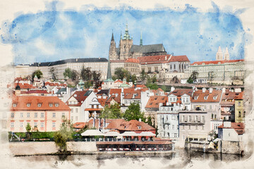 Obraz premium Prague Castle or Prazsky hrad at Prague, Czech Republic in watercolor illustration style