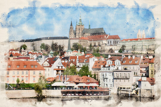 Prague Castle or Prazsky hrad at Prague, Czech Republic in watercolor illustration style